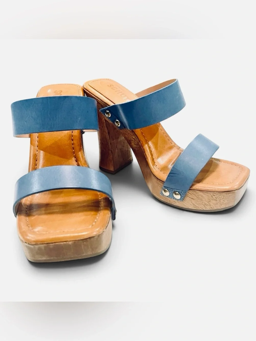 Schutz Denim blue Revolve platform wood heels size 6. - like new